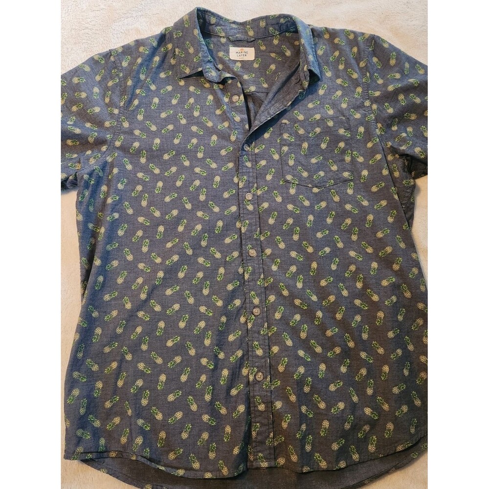 Marine Layer Pineapple Print Short-sleeve Chambray Button-up Shirt Size L